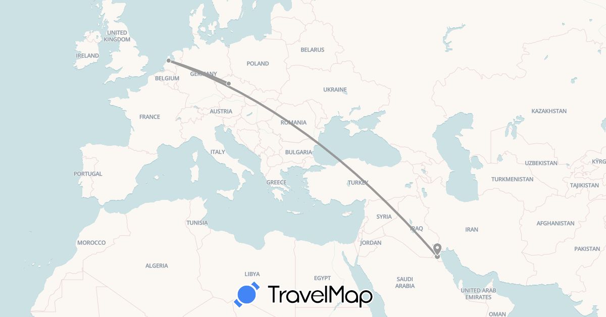 TravelMap itinerary: driving, plane in Czech Republic, Kuwait, Netherlands (Asia, Europe)